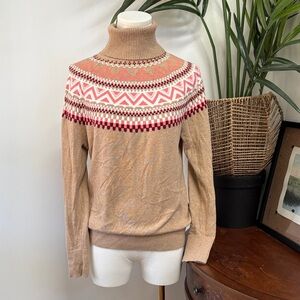L.L. Bean Tan Turtleneck Sweater with Pink & Red Fair Isle Yoke